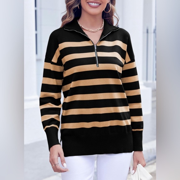 NWOT Women’s Long Sleeve Lightweight Khaki  & Black Striped Half Zip Sweat… - Picture 5 of 8